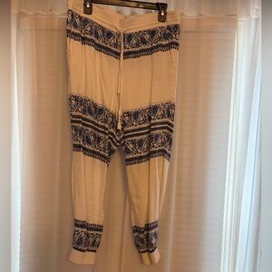 White Drawstring Linen Blend Jogger Pants with Blue Tile Print